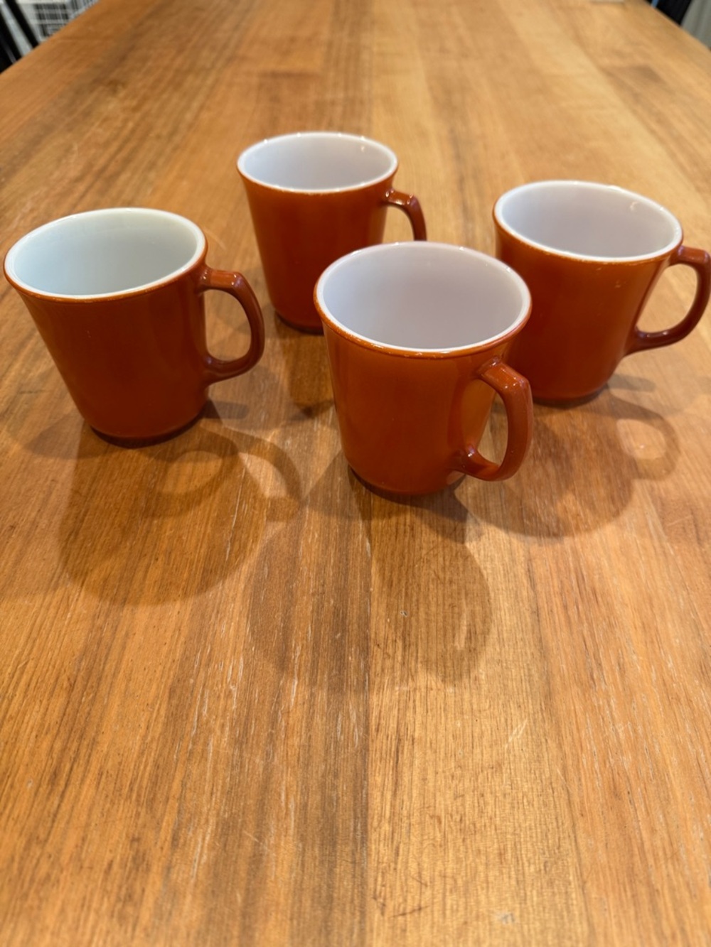 Vintage Pyrex Set of 4 Orange Ceramic Mugs with White Interior
